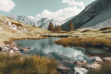 Mountain lake in watercolor. Generative AI