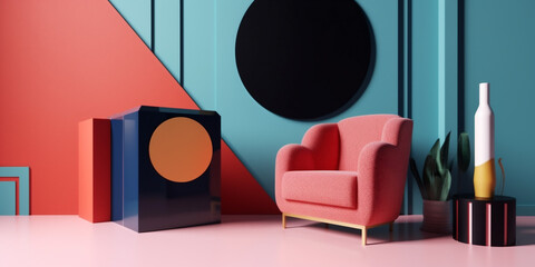 room design space art colourful interior geometric memphis sofa home armchair. Generative AI.