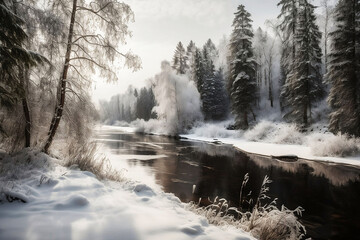 Snowy Winter Forest and River Landscape with Copy Space for Background