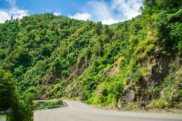 Fototapeta na wymiar Narrow monutain road winding through green ranges of Waioeka Gorge. North Island, New Zealand