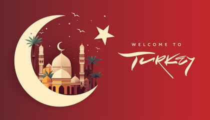 Naklejka na ściany i meble Welcome to Turkey travel poster with a moon star and mosque