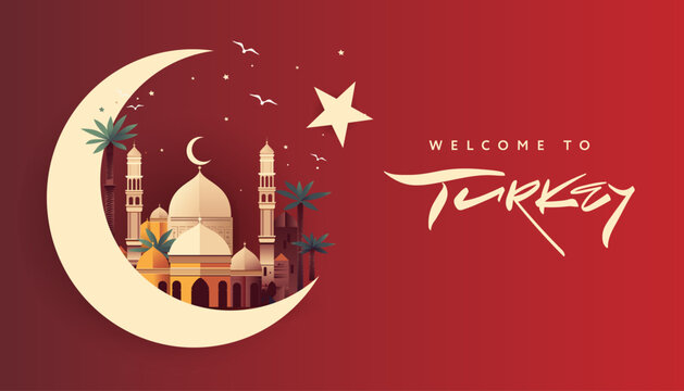 Welcome to Turkey travel poster with a moon star and mosque