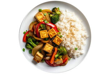 Tofu And Vegetable Stirfry With Rice. Lactose-Free Food On Isolated Transparent Background, Png. Generative AI