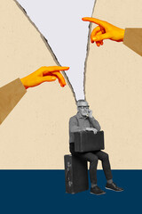 3d retro abstract creative artwork template collage of arm pointing fingers thoughtful guy idea isolated painting background