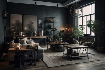 Living space with industrial decor. Generative AI