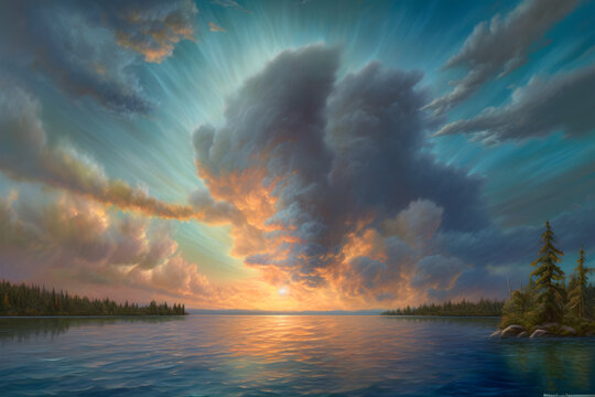 a cloudy sky over a body of water, a photorealistic painting, whirlwind, strange clouds, sunrise over the river, sunset over the lake, sunset over the ocean, Generative AI