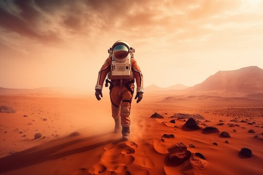 Astronaut walking on mars. Generative AI