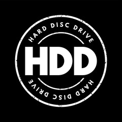 HDD Hard Disc Drive - electro-mechanical data storage device that stores and retrieves digital data, acronym text concept stamp