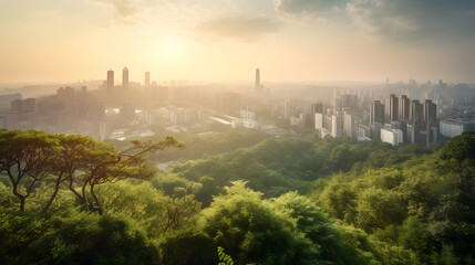 Fototapeta premium A stunning view of a sprawling metropolis, showcasing towering buildings, green parks, and intricate bridges that connect the city together.