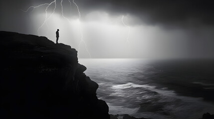 A mysterious figure stands on a cliff edge overlooking a dark, shrouded in mist, with lightning striking in the background, their silhouette highlighted by a bolt of lightning, Generative AI
