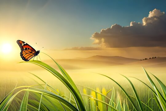 Beautiful colorful natural spring summer background with grass and a fluttering butterfly on a bright sunny day, soft focus. Generative AI