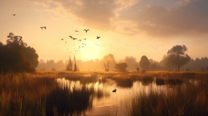 Lush wetlands at sunset a variety of birds taking flight, serene landscape. generative AI