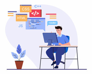 Young men freelancers working on laptop or computer at home concept of Web development, programmer and coding website.