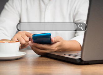 Data search technology. Businessman using a smartphone to search data from the internet