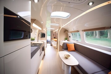 Modern caravans, trailers, and campers feature stylish and functional interior designs with a range of amenities for a comfortable mobile living experience. Generative AI