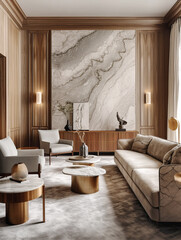 Marble and wooden paneling in room with high ceiling .Interior design of modern home. Created with generative AI