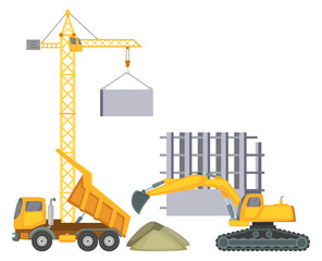 Obraz na płótnie Canvas Construction site scene with heavy machines. Building work