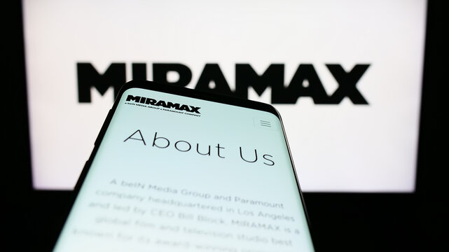 Stuttgart, Germany - 04-23-2023: Mobile phone with website of US television production company Miramax LLC on screen in front of business logo. Focus on top-left of phone display.