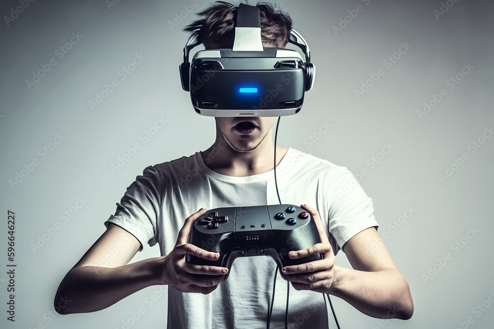 Poster man wearing virtual reality goggles. neural network ai generated art