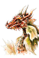 An old dragon among autumn leaves, a watercolor drawing for postcards and embroidery schemes.