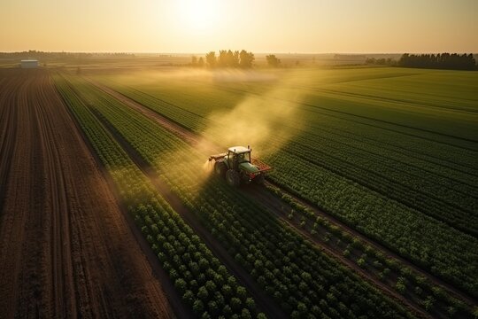 A tractor sprays chemicals to control pests and weeds in crops, ensuring healthier and more abundant harvests. Generative Ai