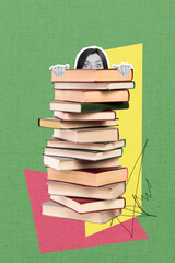 Photo collage conceptual artwork young student girl hiding behind big book pile stack addicted...