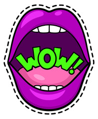 Wow sticker in pop art style with sexy female mouth