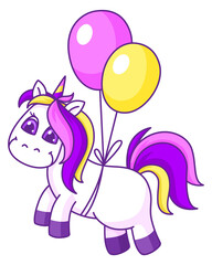 Cute unicorn flying on balloons. Magic cartoon horse