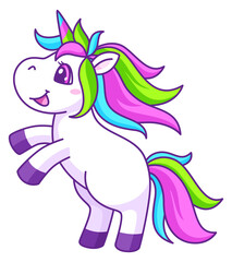 Naklejka na ściany i meble Happy unicorn smiling. Cute colorful fantasy mascot