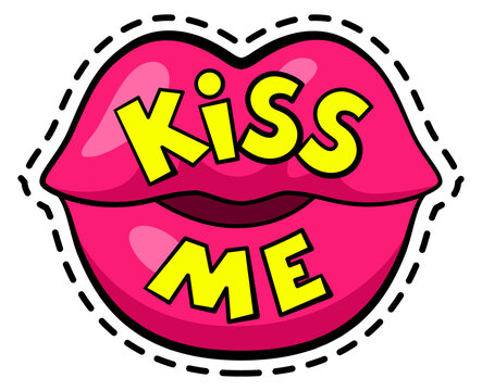 Kiss me sticker. Sexy female lips in pop art style