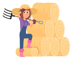 Female farmer with pitchfork stacked hay. Cartoon farm work icon