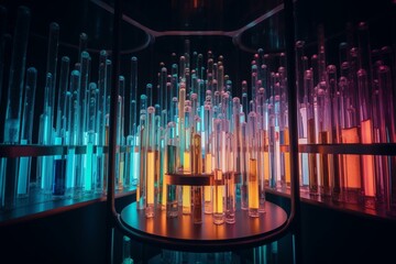 Colorful scientific tubes in a contemporary lab depict technology, progress, and research. Generative AI
