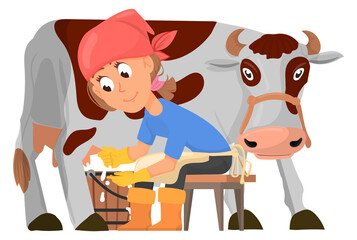 Woman milking cow. Cartoon farm worker character