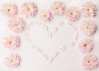 Romantic Spring Blossom Flower Frame And Heart With Petals