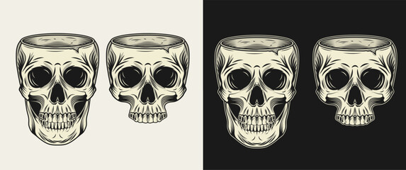 Human skull without top like cup, bowl, vase. Whole skull, half skull without jaw. Front view illustration in vintage style.