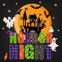 Horror night. Hand drawn doodle text with ghosts, bats, castle, moon and stars. Happy halloween. Holiday design for poster, banner, t shirt, card, flyer, invitation. Vector illustration