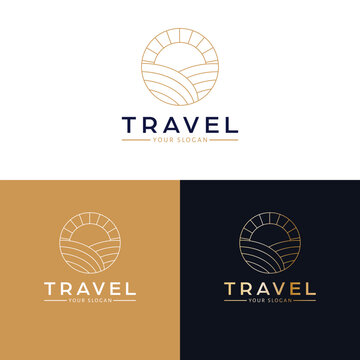 Travel vector logo design. Sunset and field logotype. Landscape nature logo template.