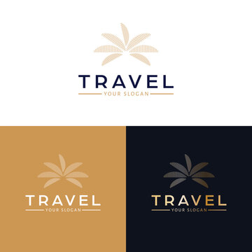 Travel vector logo design. Abstract palm tree logotype. Tropical logo template.