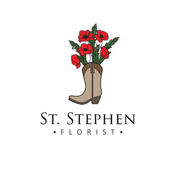 St. Stephen florist vector logo design. Cowboy boot with poppies logotype. Unique concept floral logo template.