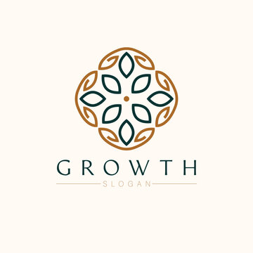 Growth vector logo design. Emblem with leaves and flower logotype. Floran emblem logo template.