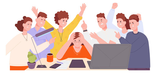 Angry team shouting. Work deadline. Stressed colleagues