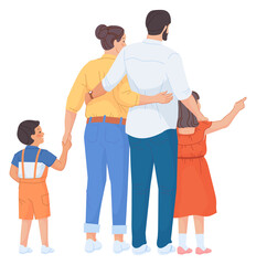 Happy family together rear view. Parents standing with kids