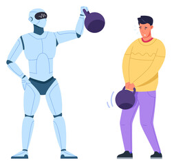 Strong robot versus weak man. Lift weight competition