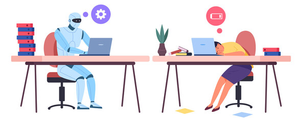 Human replace tired human at office job. Future work technology