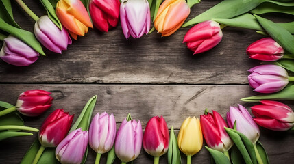 bouquet of tulips on wooden table top view