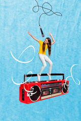 Poster banner collage of funny rocker young kid girl advertise school party with boom box singing...