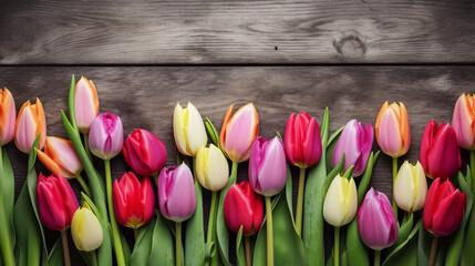 bouquet of tulips on wooden table top view