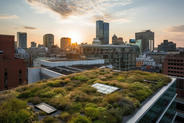 Fototapeta premium City Skyline With Green Roofs And Solar Panels. Earth Day. Generative AI