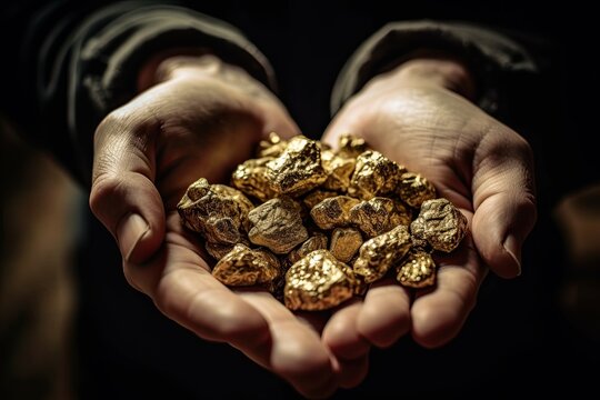 A stunning close-up of raw, golden nuggets in a miner's hands, catching the light and gleaming with riches. Generative AI