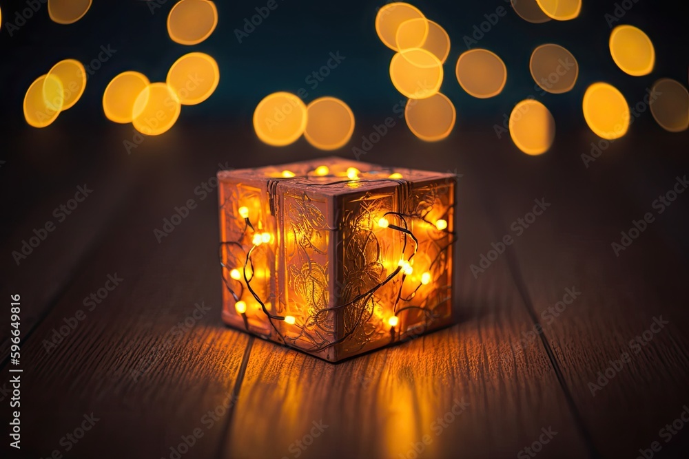 Poster illuminated cube on a wooden surface. generative ai